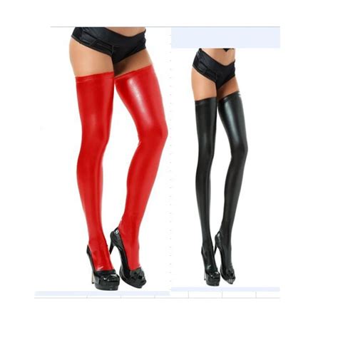 Women Black Red Silver Pvc Faux Leather Stockings Ladys Wet Look Latex Thigh High Stockings