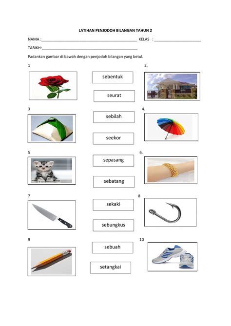  penjodoh bilangan  penjodoh bilangan digunakan sebelum sesuatu kata atau nama yang menunjukkan jumlah atau bilangan. Latihan penjodoh bilangan tahun 2 worksheet