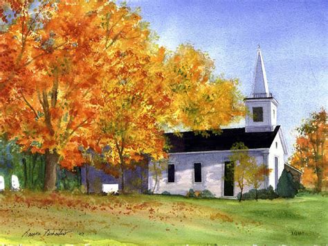New England Church In Fall Painting By Laura Tasheiko