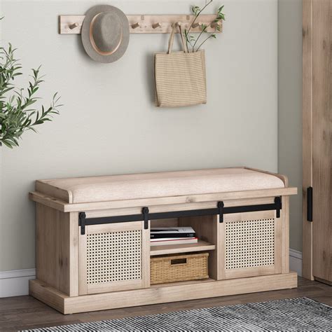 Rustic Storage Bench With Cushion Beige Natural And Black Nh98251