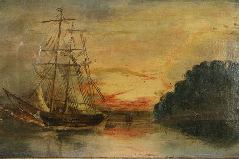 Sold Sailing Ship At Sunset Antique 1860 Original Oil Painting