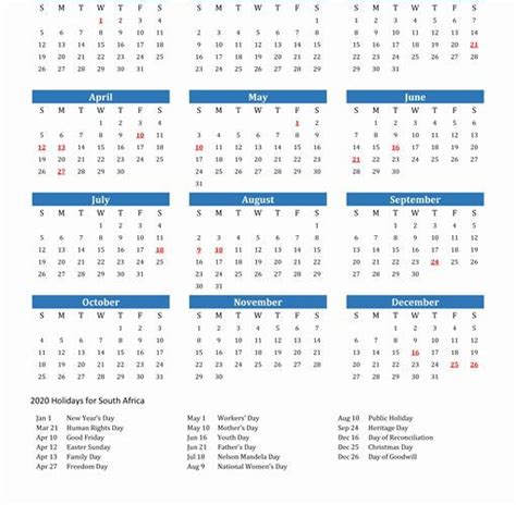 Printable Calendar South Africa 2020 Calendar Holiday Calendar