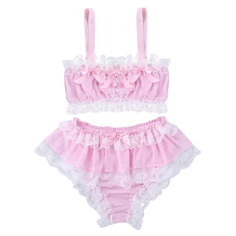 men ruffled lace sheer chiffon sissy sexy lingerie underwear set sleeveless crop top and skirted