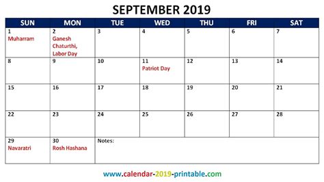 September 2019 Calendar With Holidays Monthly Calendar Printable