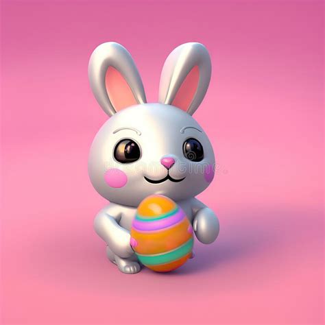 Modern Illustration Of Cute Cartoon Rabbit With Easter Egg In Hands