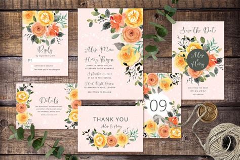 Yellow Peach Flowers Wedding Invitation Set