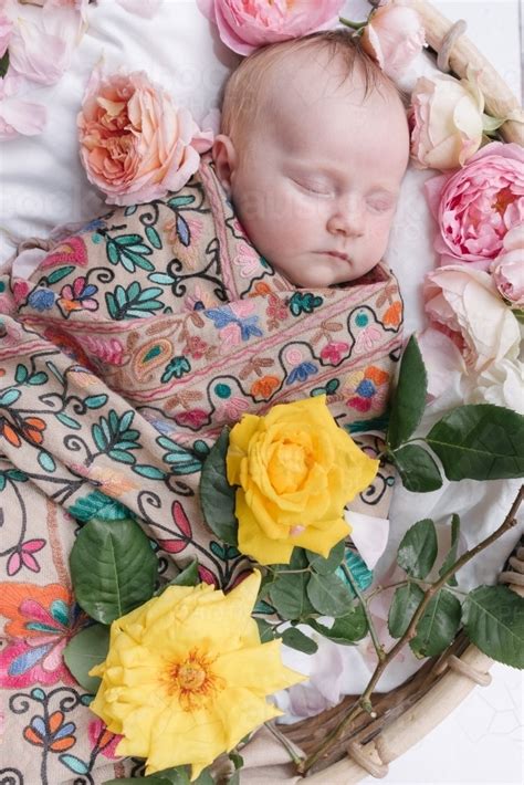 Image Of Sweet Sleeping Baby With Flowers Austockphoto