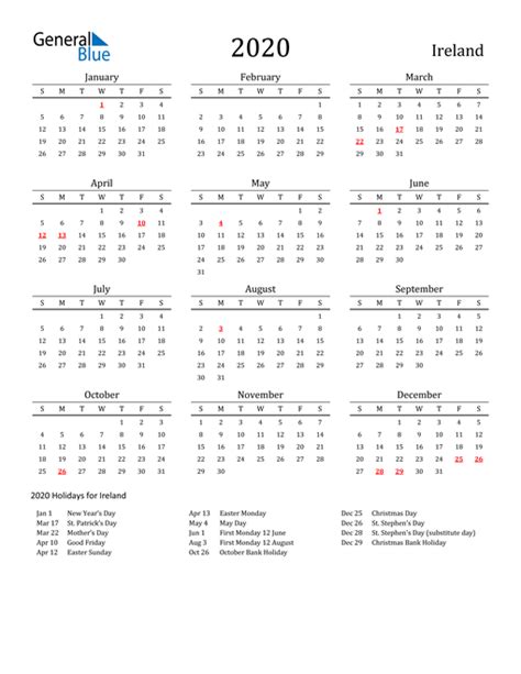 2020 Calendar With Ireland Holidays Pdf Free Printable Templates Photos