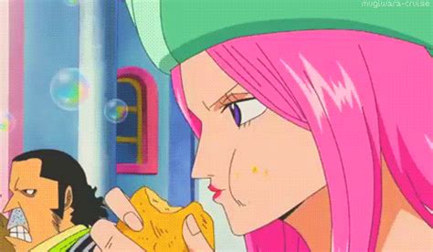 An Anime Character With Pink Hair Eating Food