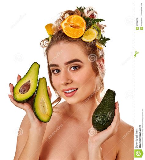 Hair Mask From Fresh Fruits On Woman Head Stock Photo