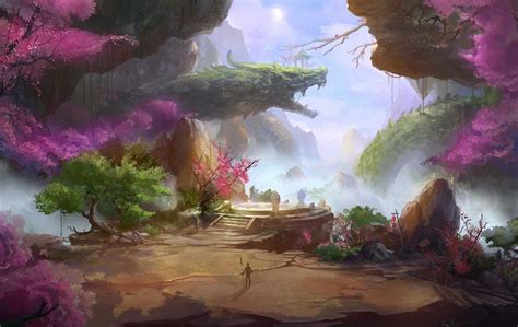 Art Fantasy World Landscape Mountains Rocks Dragon Cherry Asia People