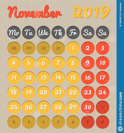 Calendario Del Planeamiento Del Mes Noviembre De 2019 Estilo De La