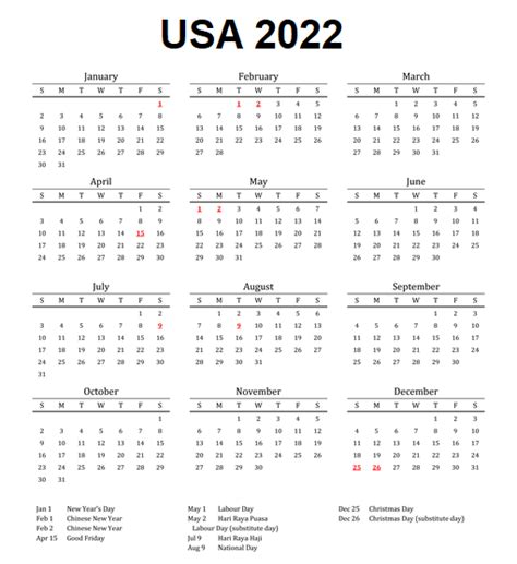 Usa 2022 Calendar Printable Calendar Dream