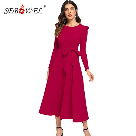 Sebowel New Fashion Autumn Womens Long Sleeve Ruffles Midi Dresses