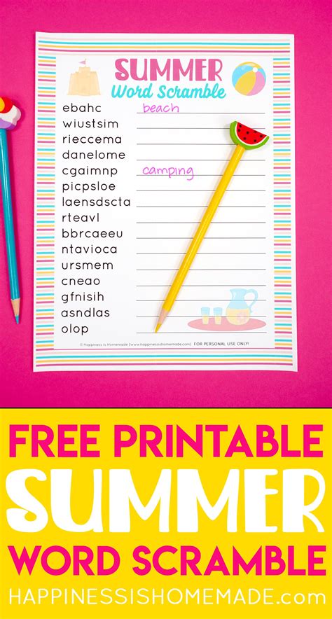 This is a free word search containing 100 words associated with summer vacation. Summer Word Scramble - Happiness is Homemade
