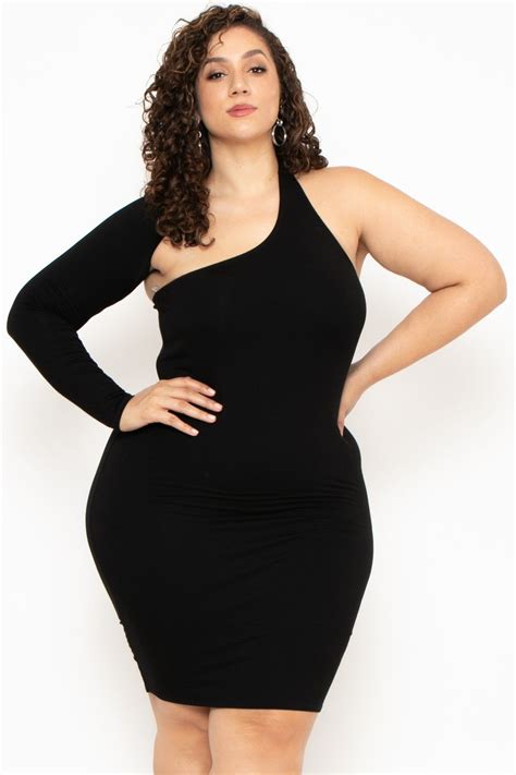 Plus Size One Sleeve Asymmetric Dress Black Curvy Sense Plus Size