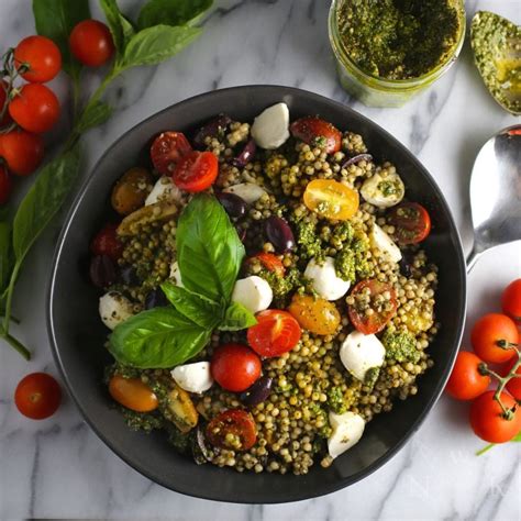For a light and tasty meal in 20 mins try our new pesto couscous & vegetables. Pesto Couscous Salad with Mozzarella and Tomatoes - Nerds ...