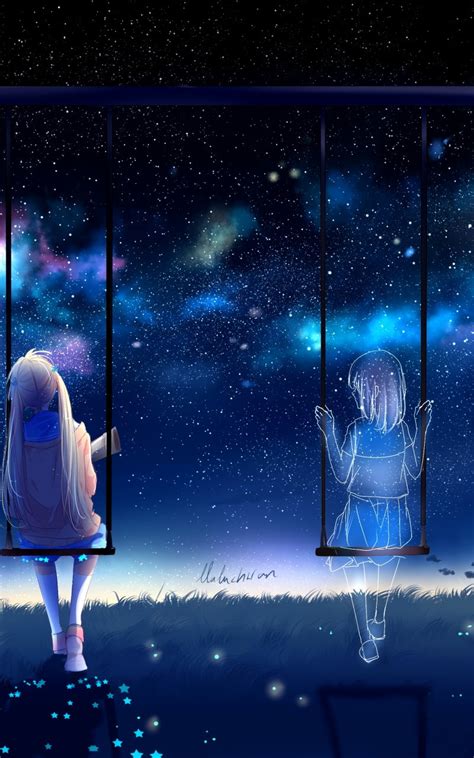 Download 800x1280 Anime Girls Swing Friends Stars Lonely Sky