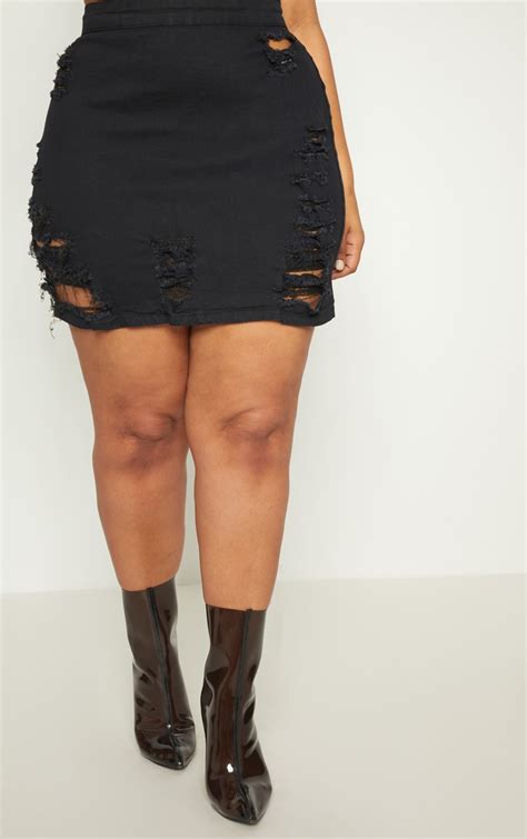 Plus Black Distressed Denim Mini Skirt Prettylittlething Aus