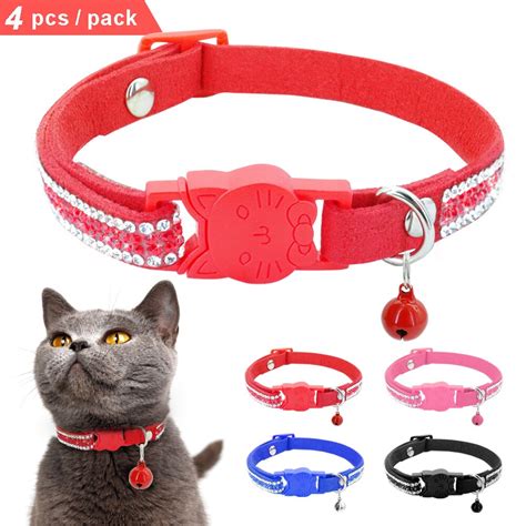 Supple leather designer collars featuring clear swarovski crystal rhinestones. 4pcs/lot Quick Release Cat Collar Cute Kitten Puppy Safety ...