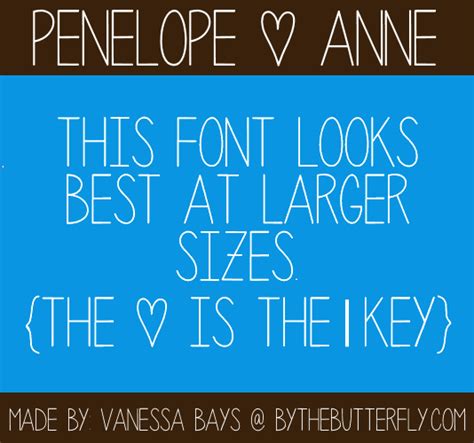 This font, created by darrell flood, is free to use for personal use (tho i appreciate donations!) please give as much as you honestly feel the font is worth to you. Penelope Anne Font | Thin fonts, Typography love, Font sites