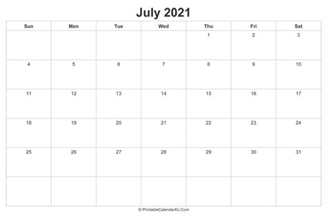 July 2021 Calendar Printable (Landscape Layout)