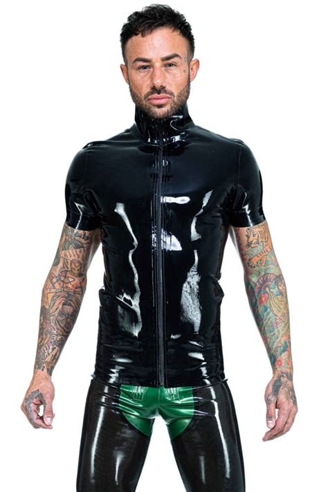 A Short Sleeved Hand Made Latex Top With Zip Front Feature