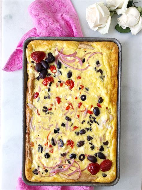 Sheet Pan Quiche Recipe With Olives Feta Pickled Onions And Cherry