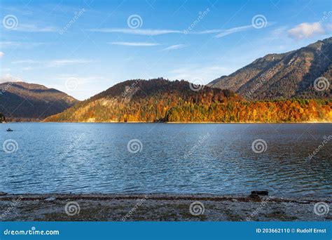 Sylvenstein Reservoir Lake In Autumn Bad Toelz Bavaria Germany