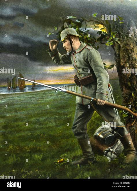 First World War Wwi German Soldier On Guard At Night Rifle With