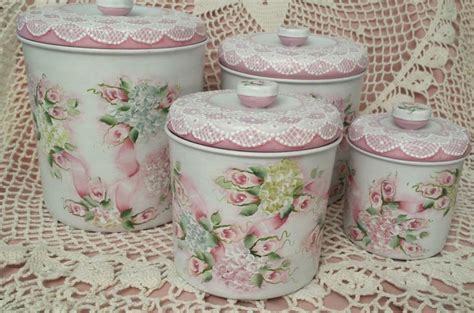 Hand Painted Canister Set Cottage Chic Pink Roses Hydrangea Lace Shabby