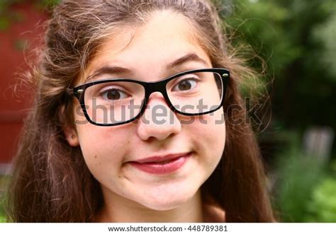 Shortsighted Teen Girl Glasses Close Portrait Stock Photo 448789381