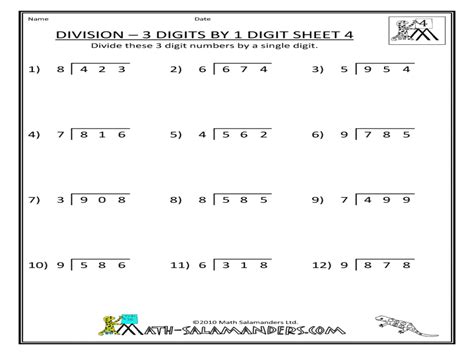 Division 3 Digits By 1 Digit Sheet 4 Worksheet For 3rd 5th Grade