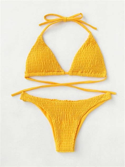 Yellow Smocked Swimsuit Tie Back Halter Top Ruched Bikini Bottom