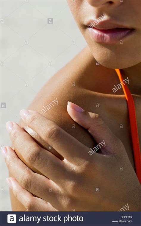 Woman Touching Bare Shoulder Cropped Stock Photo Alamy