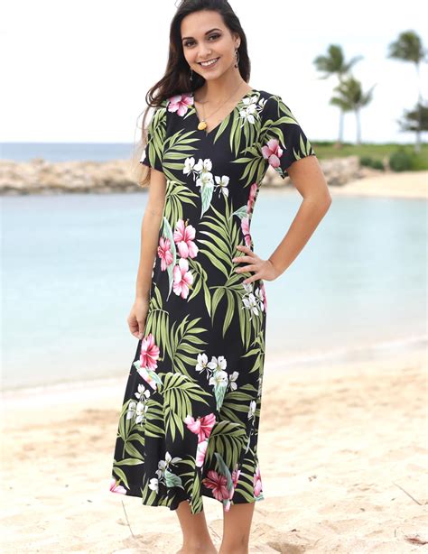 Nalani Long Rayon Hawaiian Dress Maxi V Neck Tea Length Shaka Time