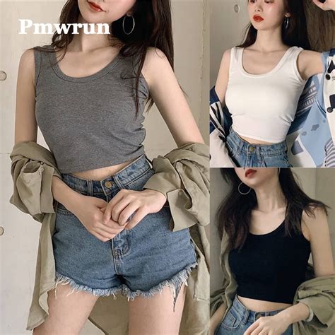 Pmwrun Fashion Solid Color Sleeveless Vest Womens Tight Midriff Baring Top Shopee Malaysia