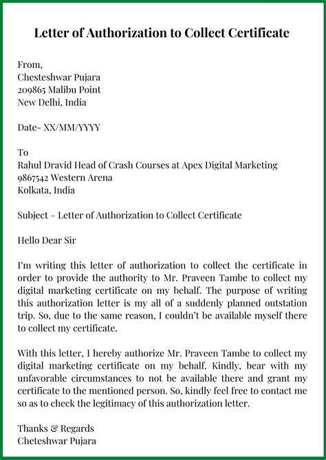 Sample Letter Of Authorization To Collect Certificate