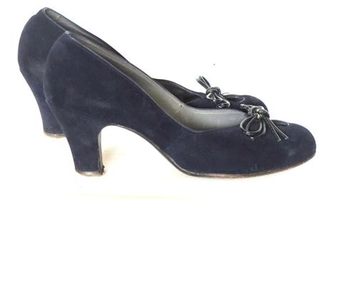 Vintage 40s Shoes 1940s Black Suede Heel Pumps The