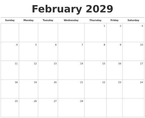 February 2029 Blank Monthly Calendar