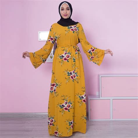 Muslim Abaya Maxi Dress Women Print Floral Pattern Islamic Clothing