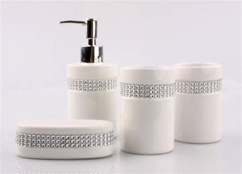 4 Piece Bathroom Accessory Set Elegant Ceramic White With Crystal