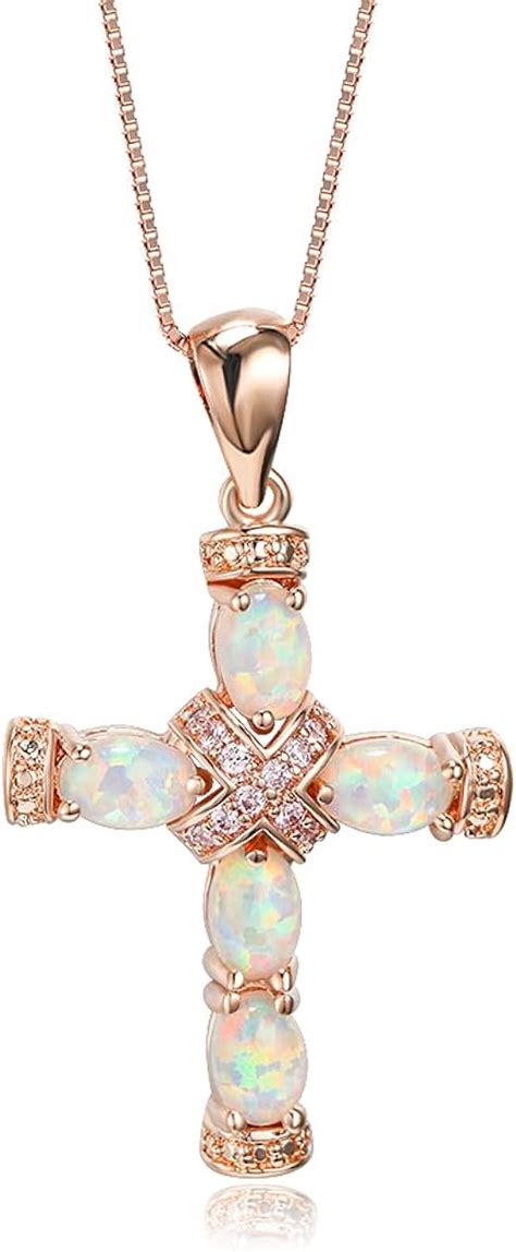 Opal Cross Necklace 14K White Gold Plated Cross Pendant Necklaces For