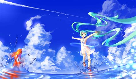 Anime Girls Vocaloid Hatsune Miku Twintails Clouds Sky Water