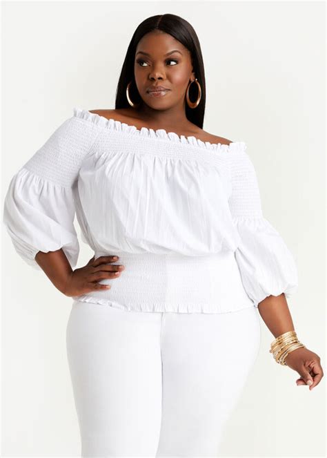 Plus Size Blouses Off The Shoulder Smocked Puff Sleeve Top