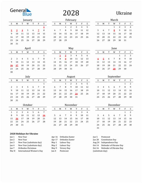 Free Ukraine Holidays Calendar For Year 2028