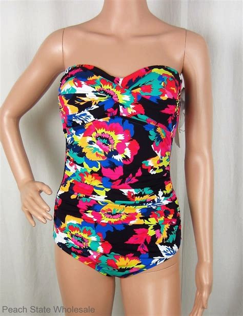 Nwt Anne Cole Floral Shirred Twist Bandeau Slimming One Piece Swimsuit