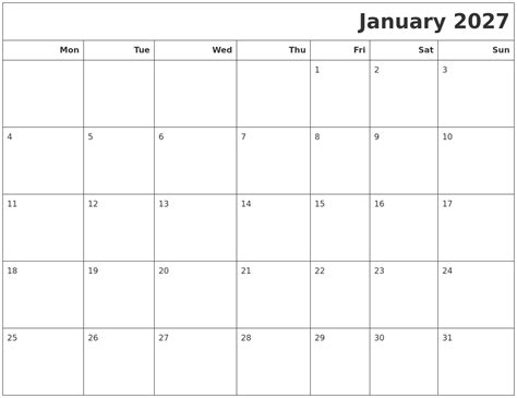 January 2027 Calendars To Print