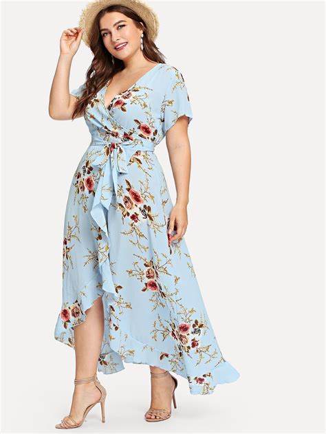 Shein Plus Asymmetric Ruffle Hem Botanical Wrap Dress Summer Dress