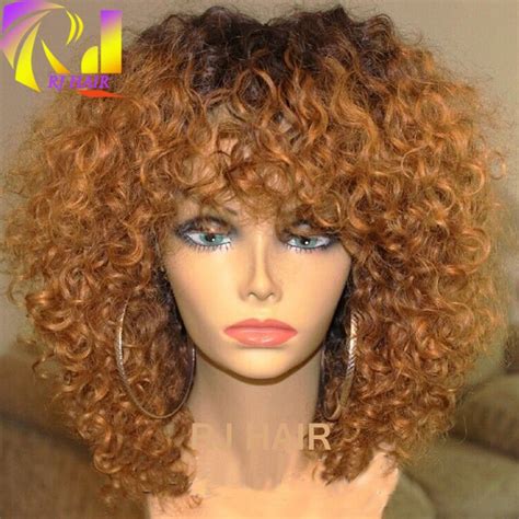 Short Ombre Kinky Curly Full Lace Wig Peruvian Virgin Hair Dark Roots Blonde 30 Ombre Full Lace